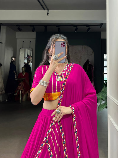 BRIGHT MAGENTA RAYON LEHENGA WITH GAMTHI WORK