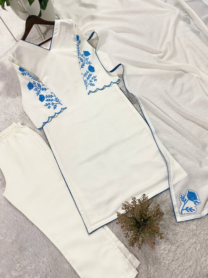 Elegant White Roman Silk Kurti With Blue Floral Embroidery On Sleeves And Matching Dupatta