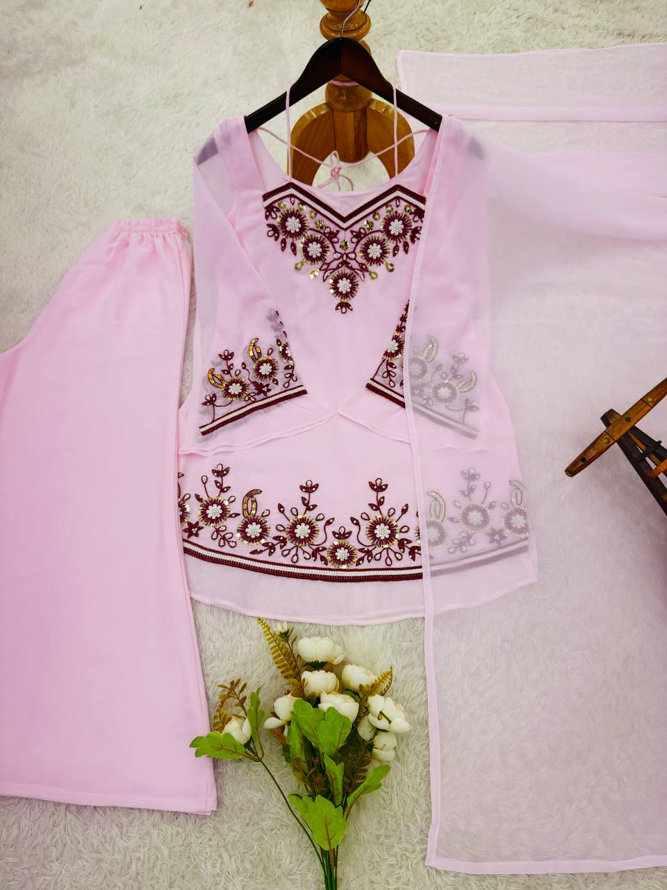 Baby Pink Embroidered Set With Flared Sleeves Dupatta