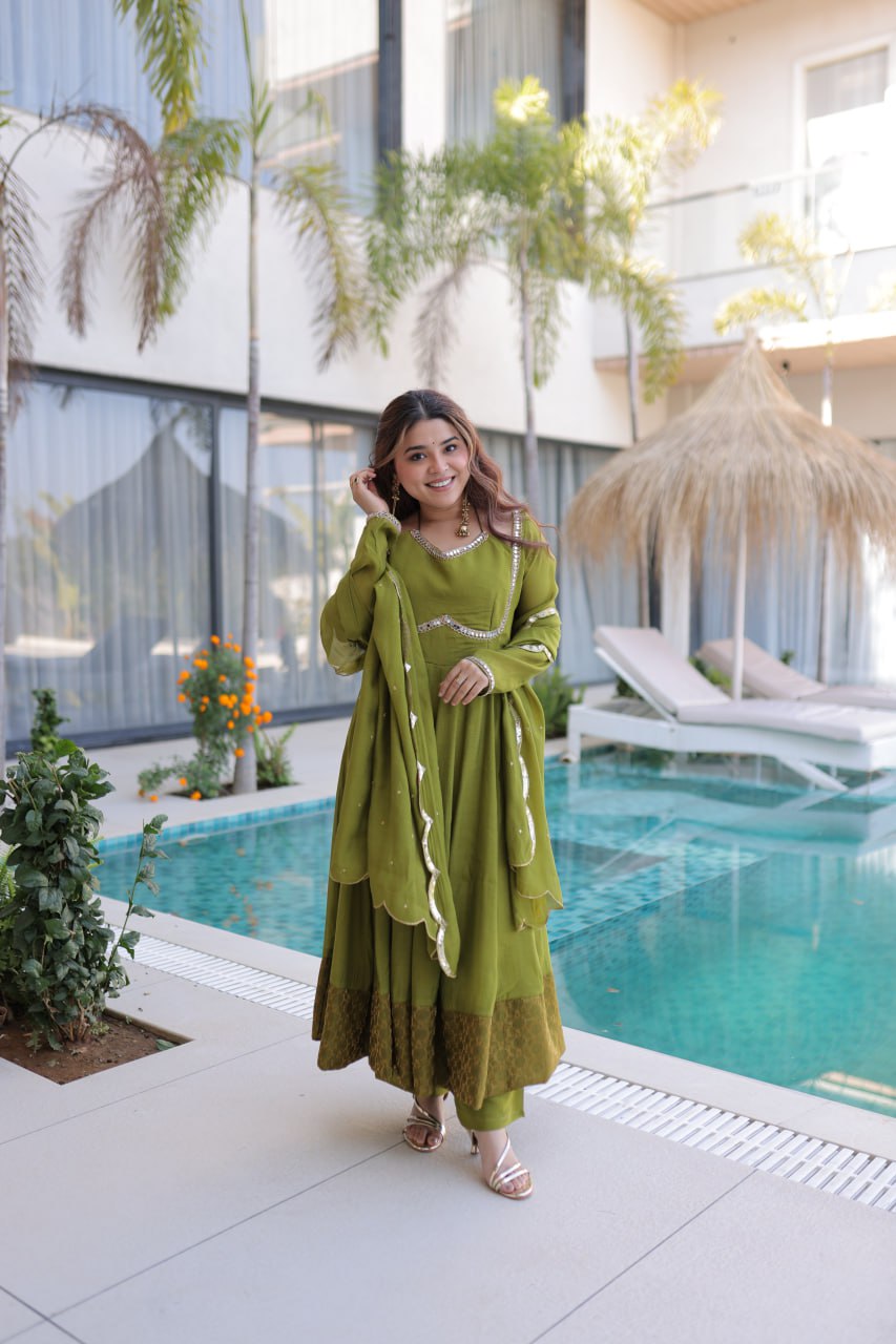 Olive Green Anarkali Suit With Mirror Work And Dupatta