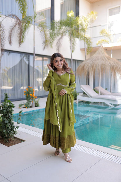 Olive Green Anarkali Suit With Mirror Work And Dupatta
