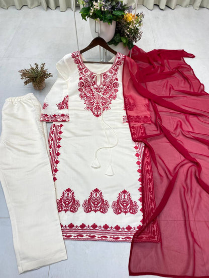 Cream Embroidery Suit With Red Dupatta And White Pants