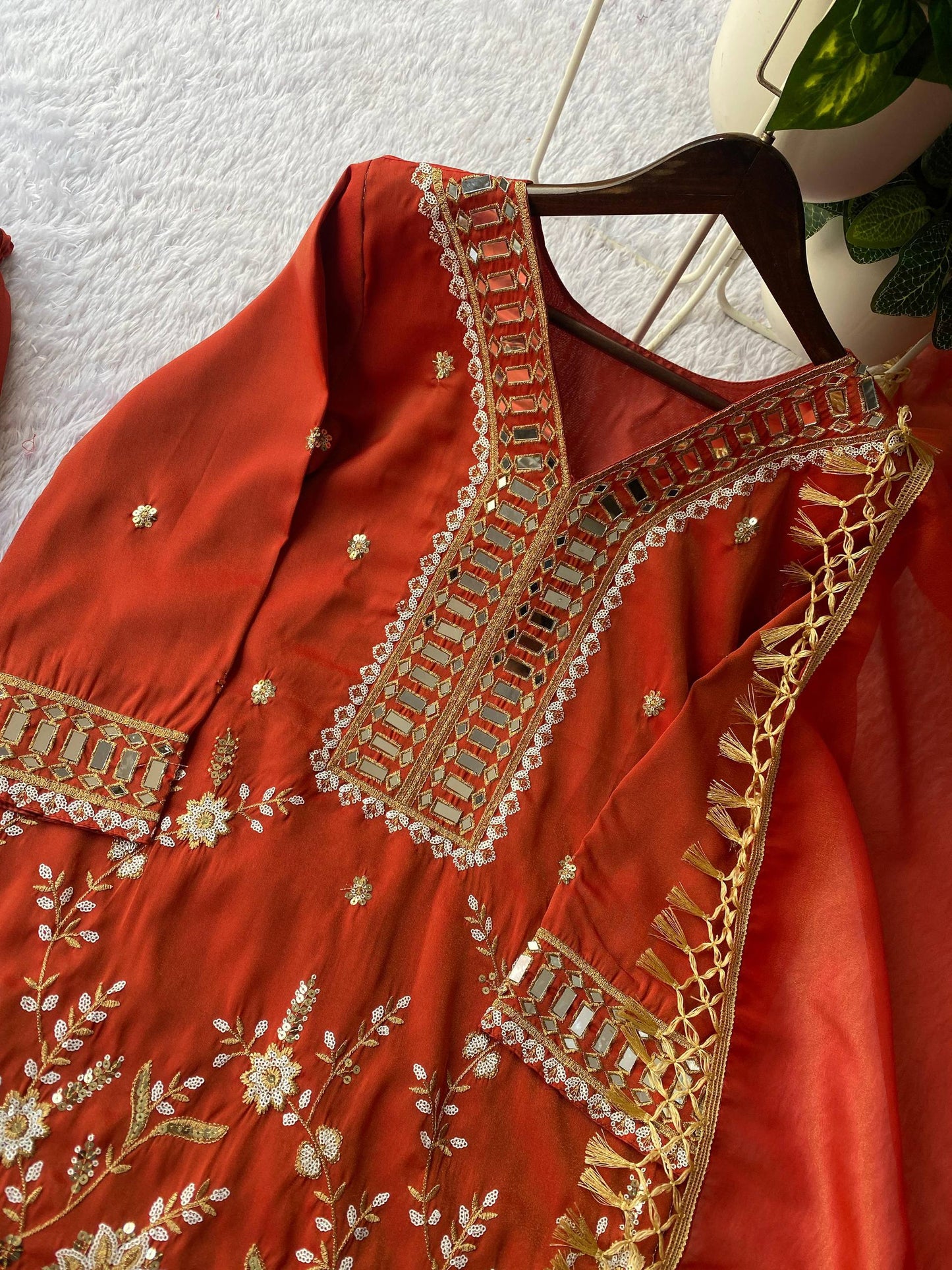 Elegant Embroidery And Mirror Work Sharara Suit With Dupatta