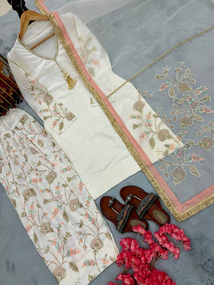 Short Kurta With Floral Embroidery Paired with Farshi Salwar and Net Dupatta with Gold Lace