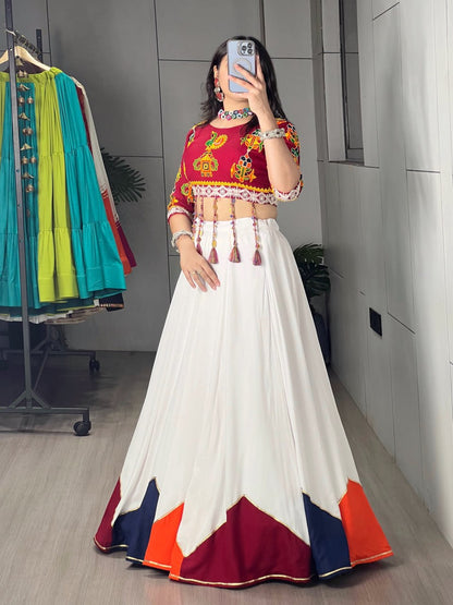 6 Meter Flair White Lehenga Choli With Embroidered Kediya And Multicolor Border