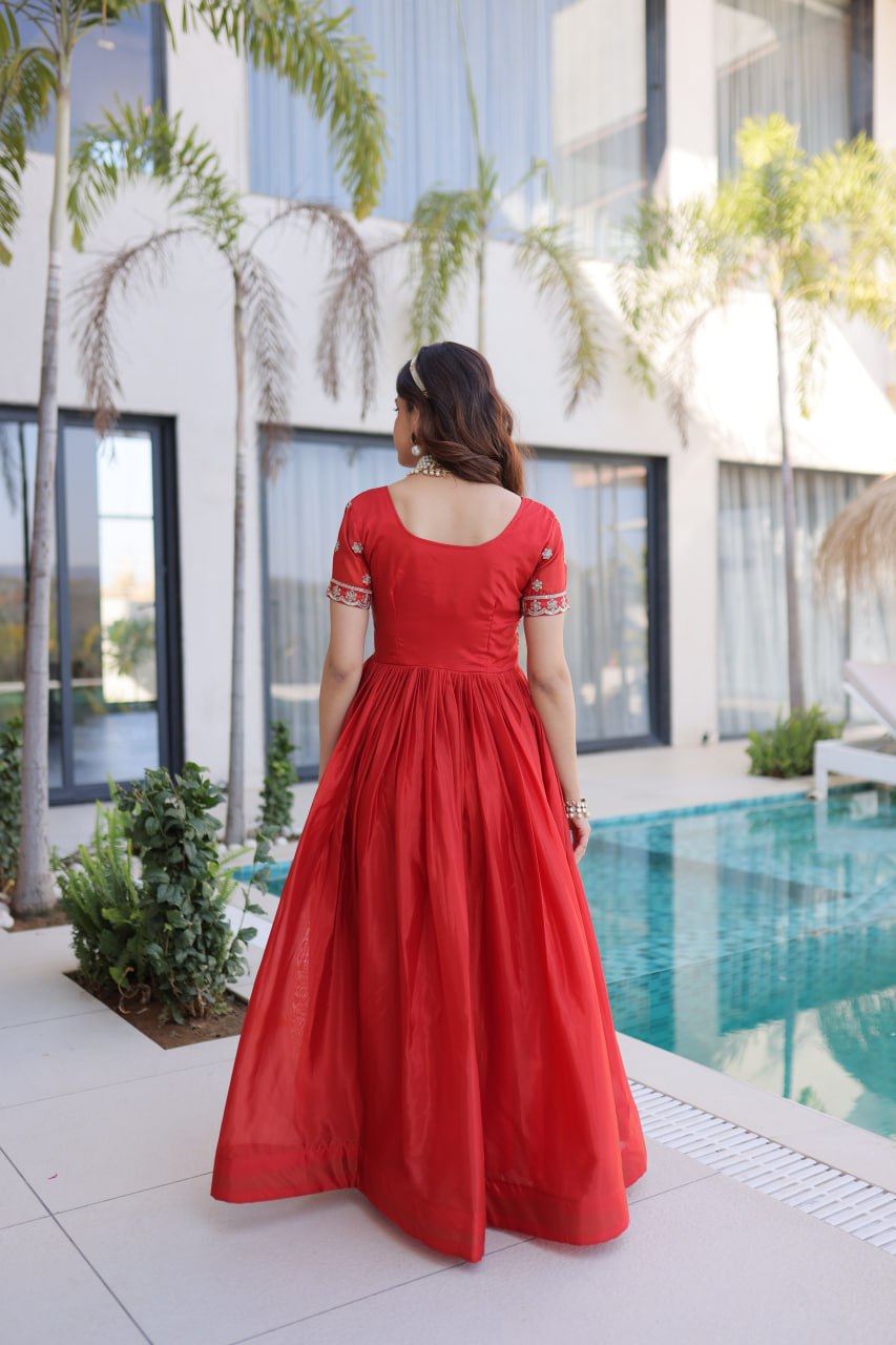Red Silk Anarkali Gown With Heavy Zari Embroidered