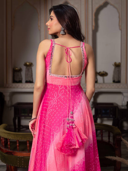 Pink Shaded Bandhani Print Anarkali Kurta Set With Real Mirror Work And Dupatta