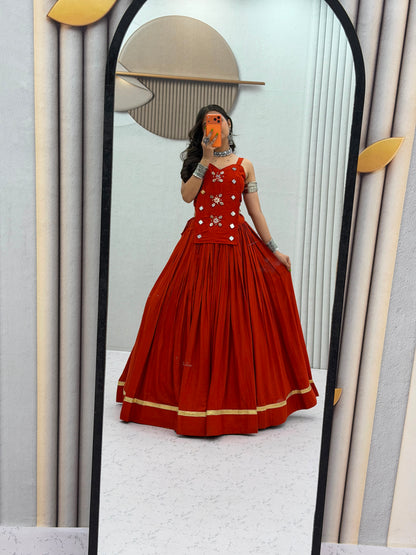6 Meter Flair Orange Plain Lehenga Choli With Mirror Work Jacket