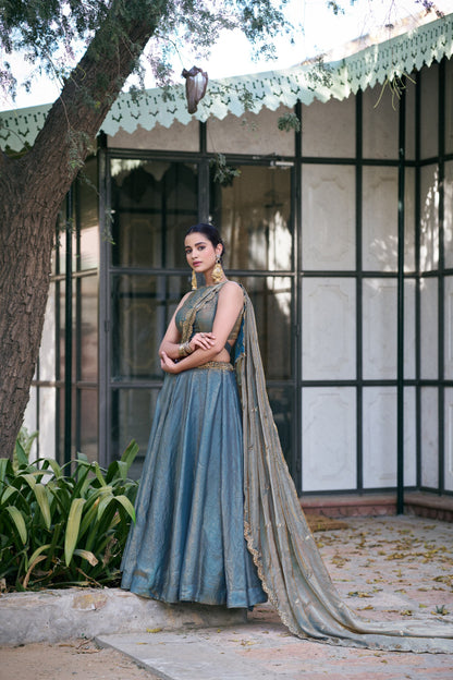 Designer Fendy Silk Lehenga Set With Zari Scallop Border And Attached Drape Dupatta