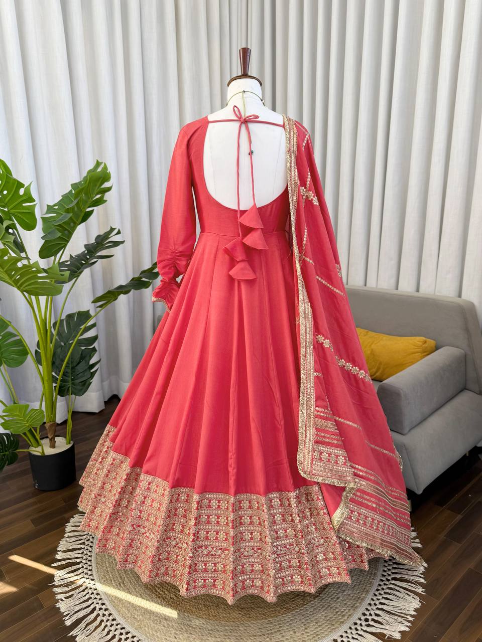 Red Silk Anarkali Suit With Gold Embroidery And Matching Dupatta