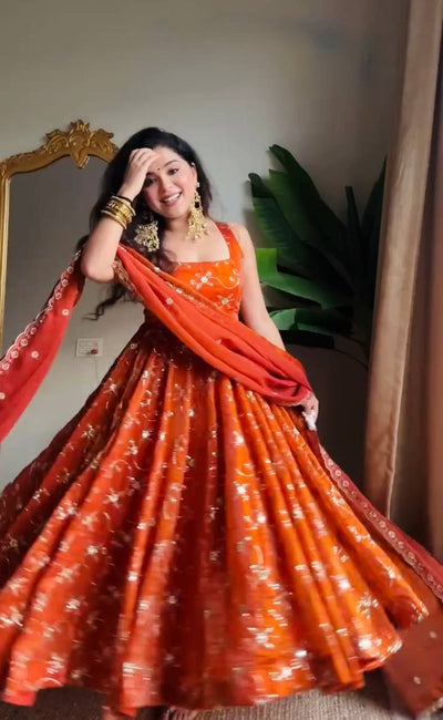 Elegant Orange Embroidery Anarkali Suit With Dupatta