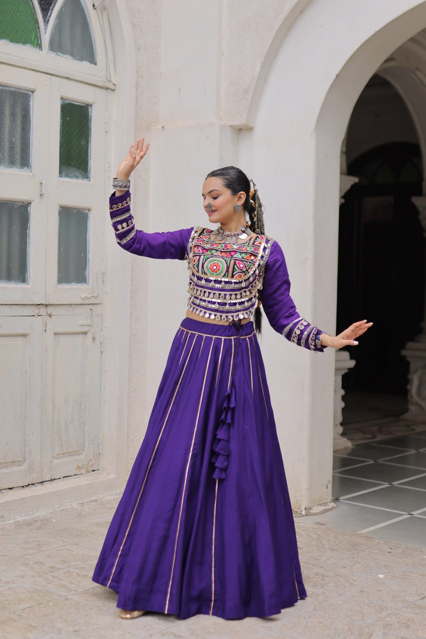 Designer Lehenga With Kutchi Gamthi Embroidered Blouse And Mirror Work