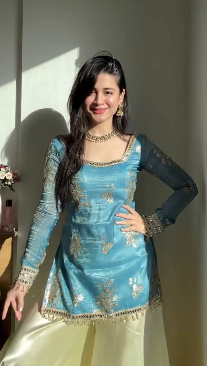 Ice Blue Embroidered Kurta With Plazo And Dupatta – Festive Contrast Set