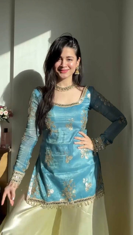 Ice Blue Embroidered Kurta With Plazo And Dupatta – Festive Contrast Set