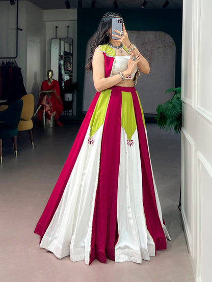 Color Block Indo-Western Lehenga Set With Jacket - Pink, Lime Green And White
