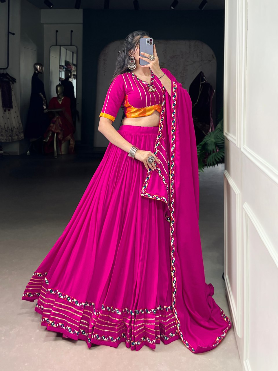 BRIGHT MAGENTA RAYON LEHENGA WITH GAMTHI WORK