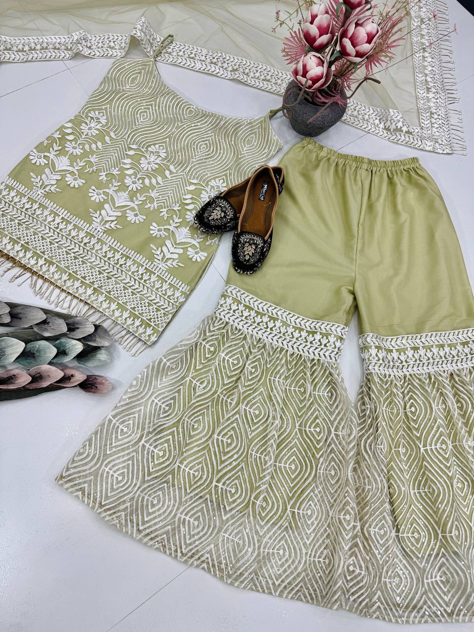 Heavy Pearl And Sequins Embroidered Spaghetti Strap Sharara Set With Dupatta