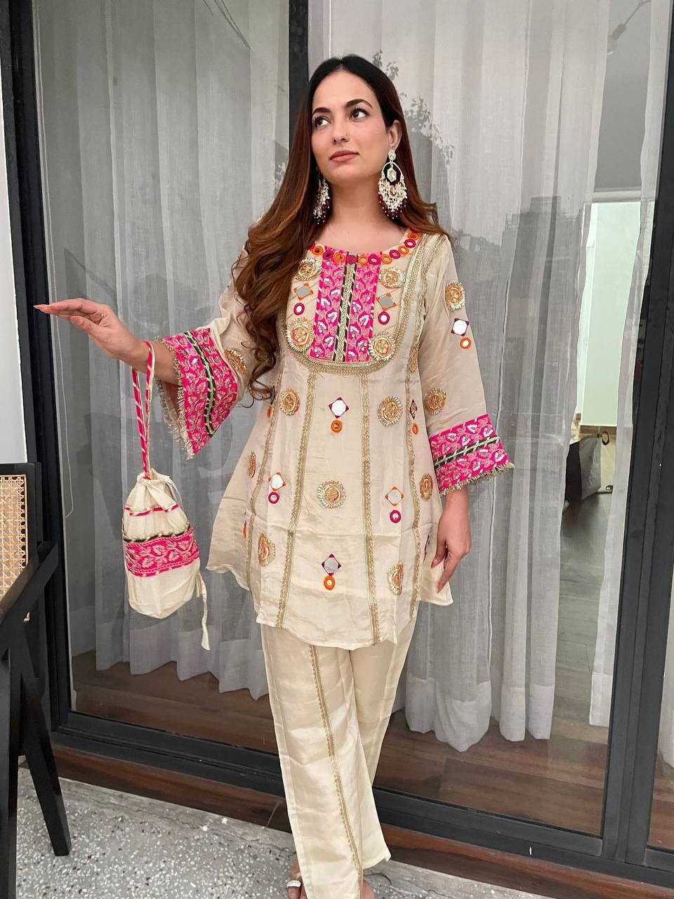 Ivory Mirror And Gota Patti Embroidered Co-ord Set With Potli Bag