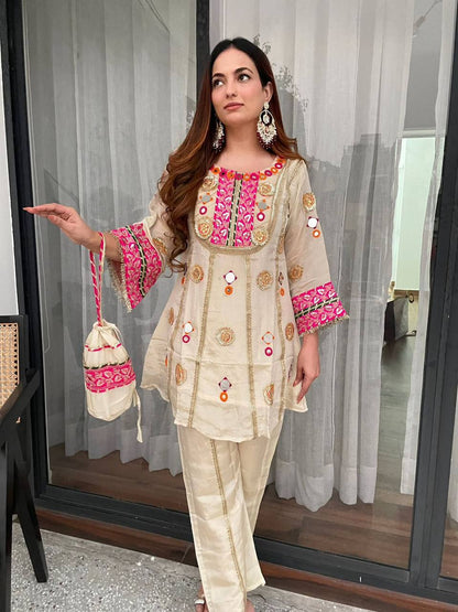 Ivory Mirror And Gota Patti Embroidered Co-ord Set With Potli Bag