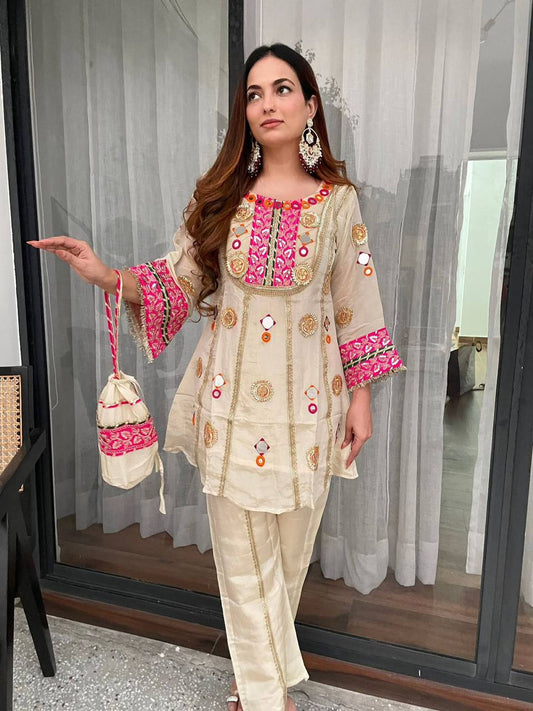 Ivory Mirror And Gota Patti Embroidered Co-ord Set With Potli Bag