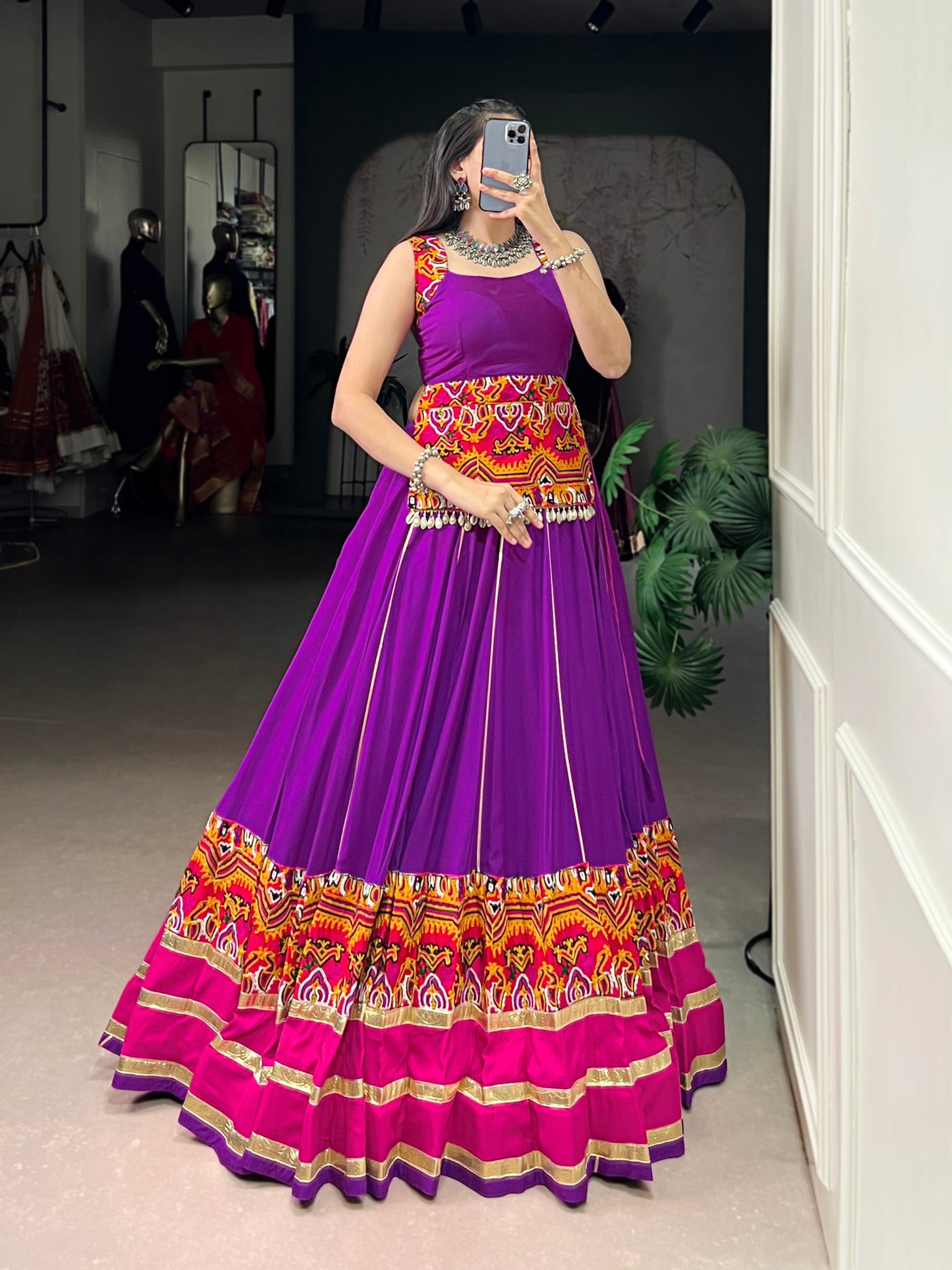 Purple Gamthi Work Rayon Lehenga With Cowrie Lace Blouse