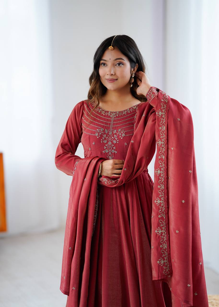 Designer Maroon Anarkali Suit With Embroidered Dupatta