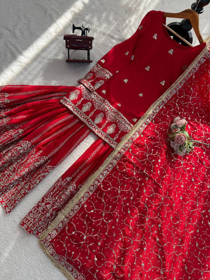 Red Sharara Suit With Gold Embroidery And Matching Dupatta 🎀