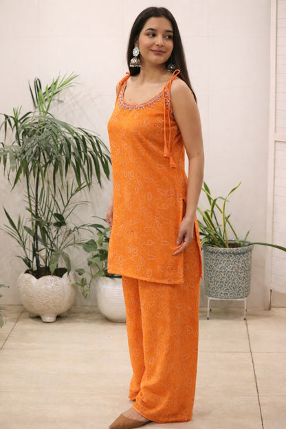 Plain Tissue Palazzo Suit Set With Sleeveless Kurta