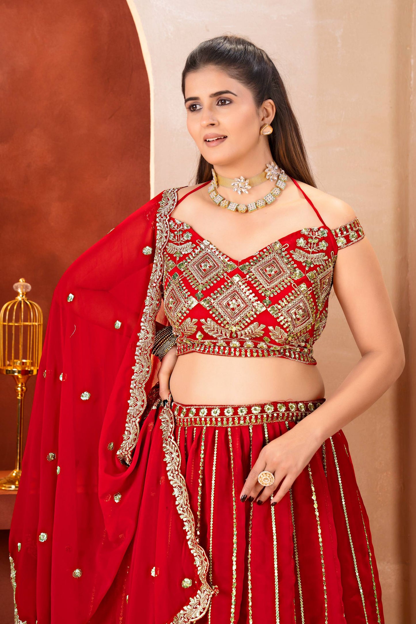 Bridal Red Zari And Sequins Embroidered Layered Lehenga Choli Set With Dupatta