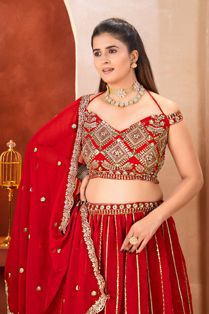 Bridal Red Zari And Sequins Embroidered Layered Lehenga Choli Set With Dupatta