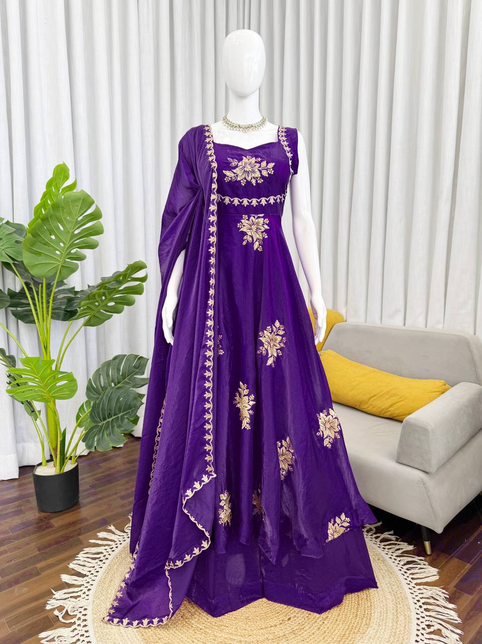 Floral Embroidered Sleeveless Anarkali Gown With Dupatta Set