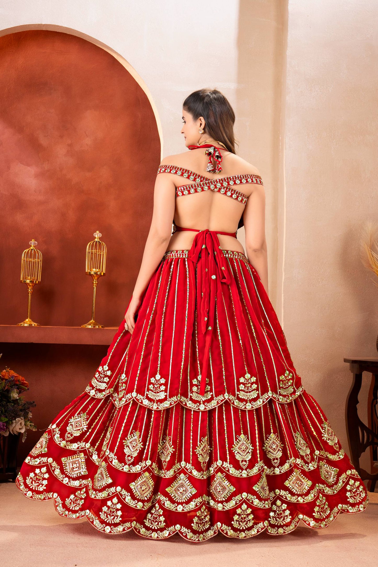 Bridal Red Zari And Sequins Embroidered Layered Lehenga Choli Set With Dupatta