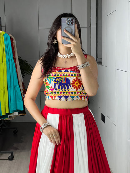 6 Meter Flair Red White Panelled Lehenga Choli With Kutchi Gamthi Mirror Work