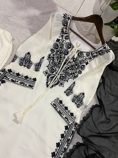 White Embroidery Kurti With Black Dupatta And Pants