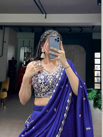 Royal Blue Silk Lehenga Choli with Intricate Silver Embroidery And Elegant Dupatta