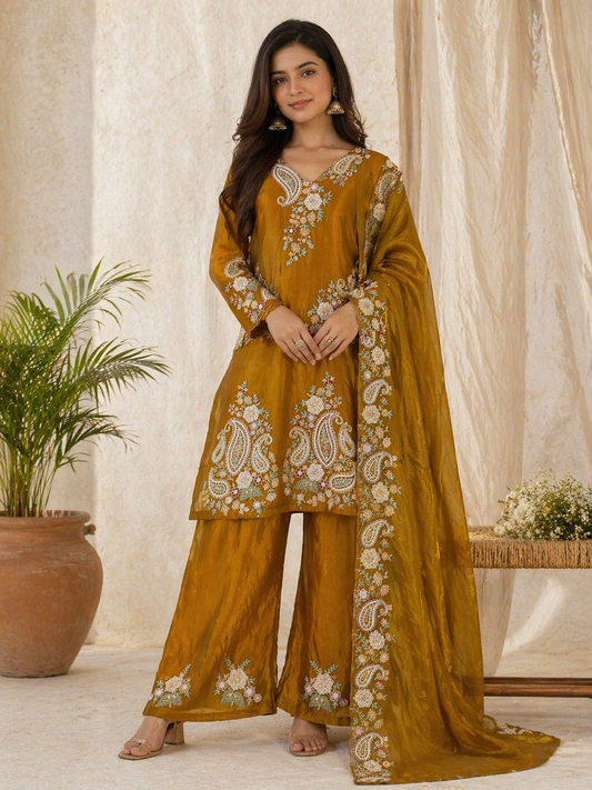 Floral-Paisley Thread Work Kurta Set With Flared Palazzo