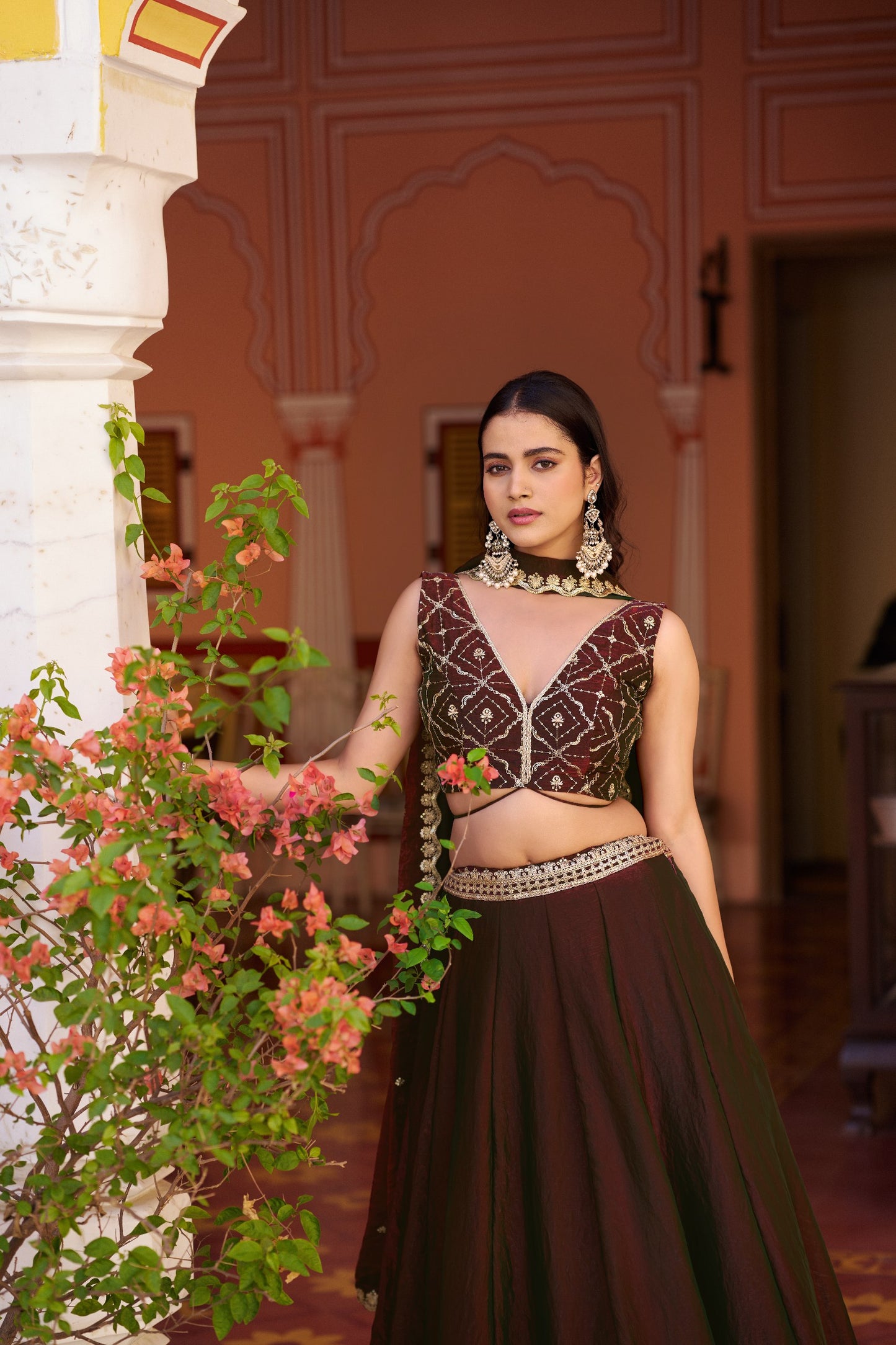 Zari Embroidered Pre-Draped Lehenga Choli Set With Attached Dupatta