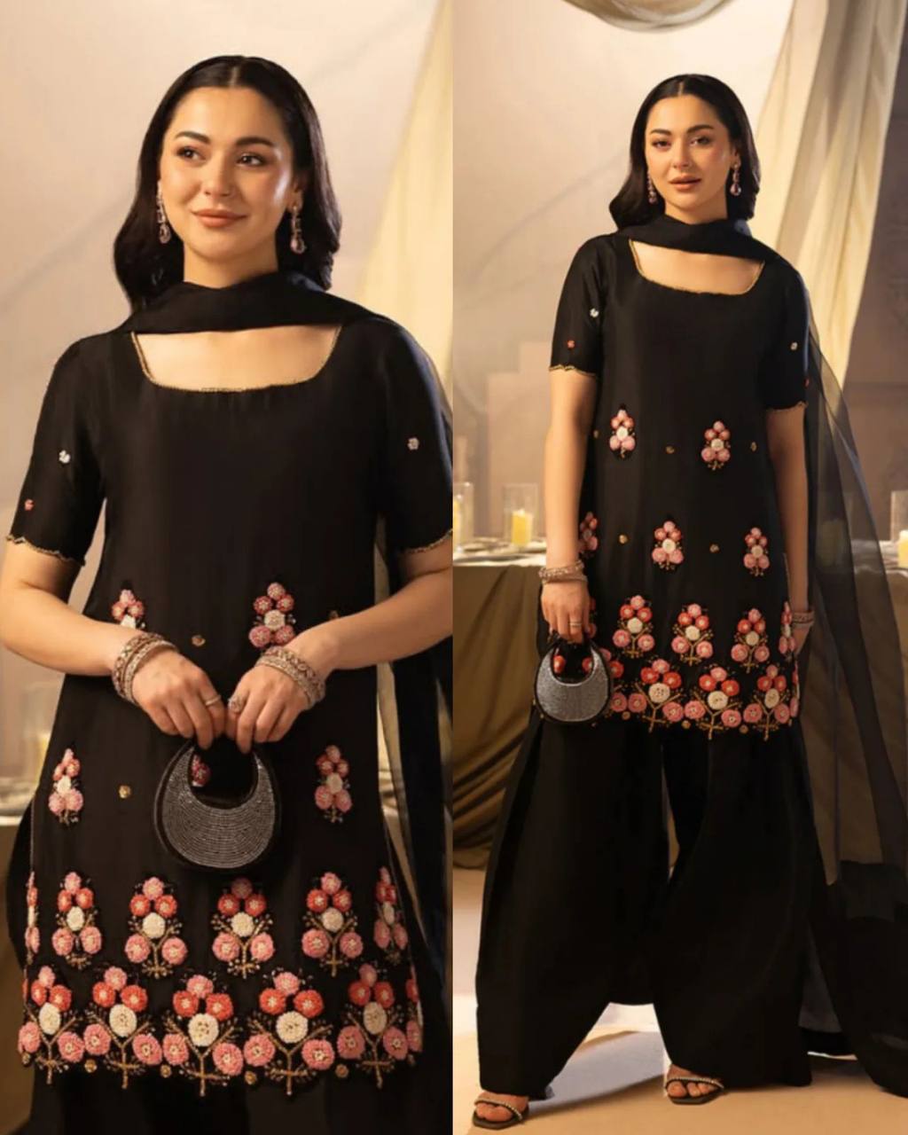 Black Embroidered Salwaar Suit With Floral Work And Net Dupatta