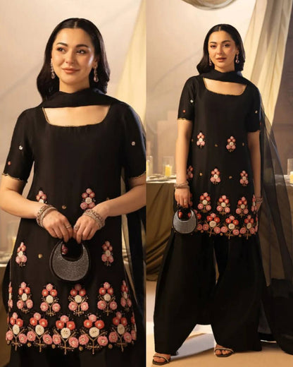 Black Embroidered Salwaar Suit With Floral Work And Net Dupatta