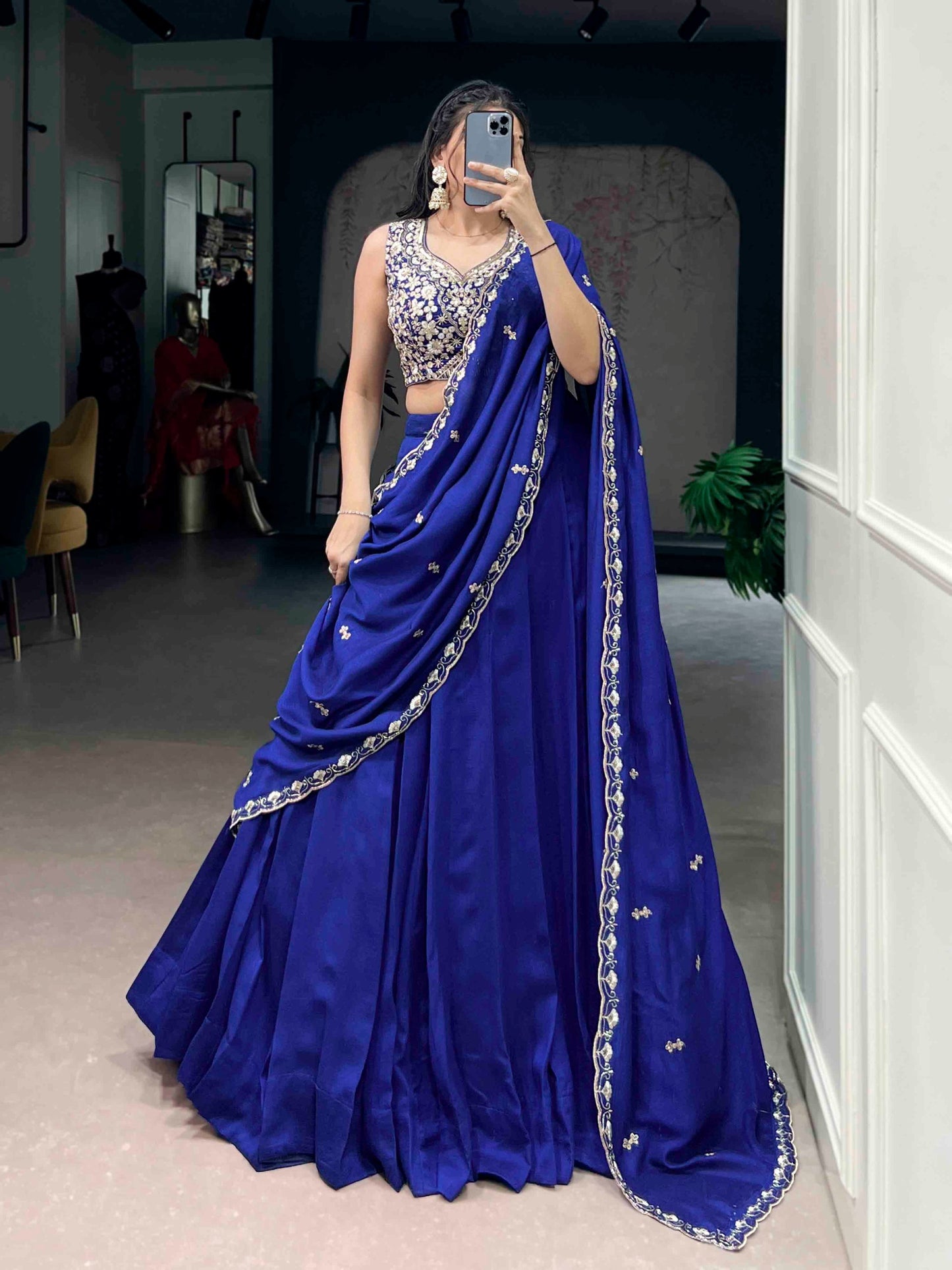 Royal Blue Silk Lehenga Choli with Intricate Silver Embroidery And Elegant Dupatta