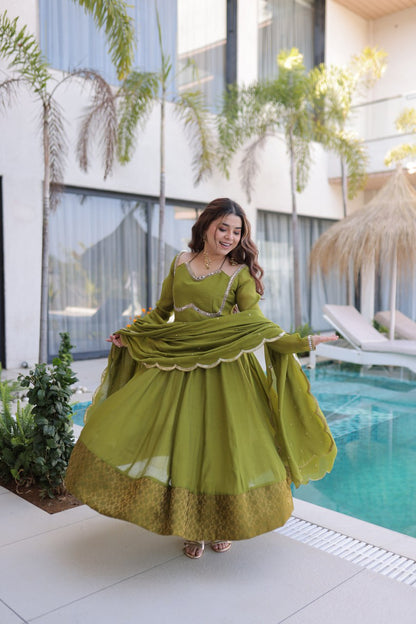 Olive Green Anarkali Suit With Mirror Work And Dupatta
