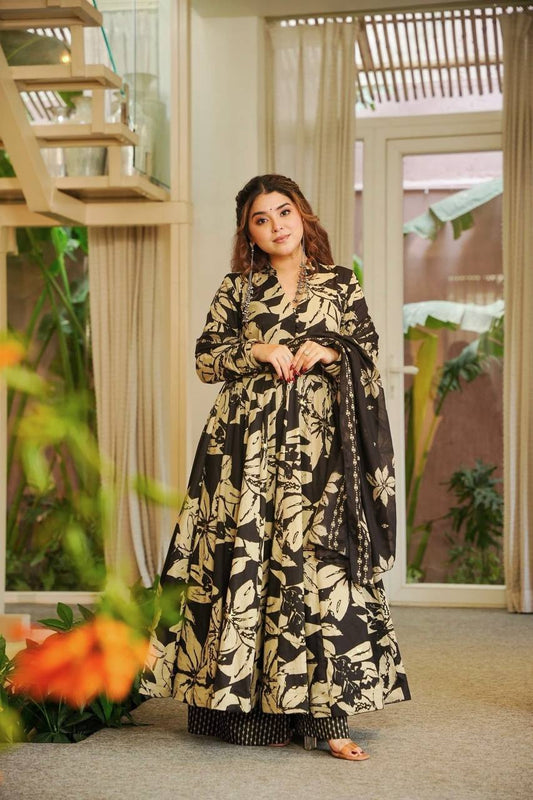 Black And Beige Floral Printed Anarkali Suit With Dupatta
