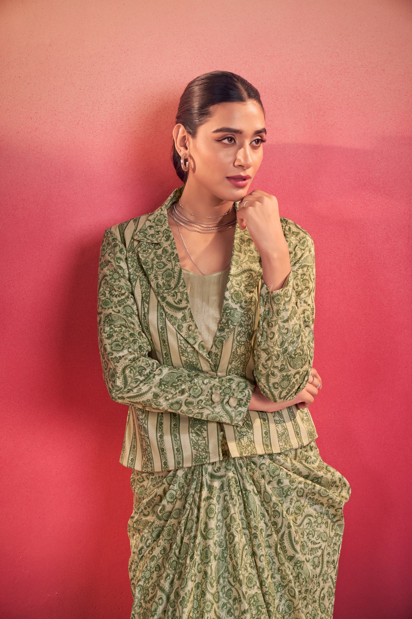 Printed Blazer And Draped Skirt Fusion Co-ord Set