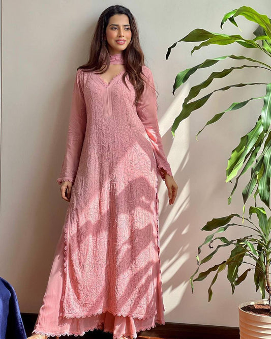 Pink Chikankari Kurti With Lace Detail And Full Length Ethnic Wear