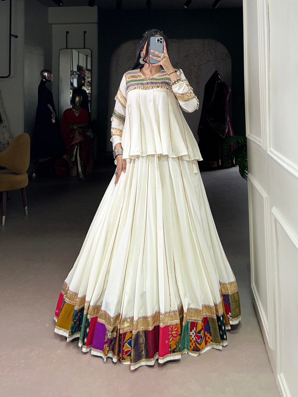 White Designer Lehenga Choli With Multicolor Patchwork Border And Long Peplum Blouse
