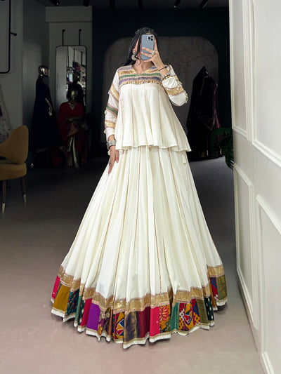 White Designer Lehenga Choli With Multicolor Patchwork Border And Long Peplum Blouse