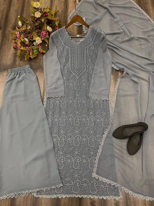 Grey Chikankari Kurti With Lace Detail And Full Length Ethnic Wear
