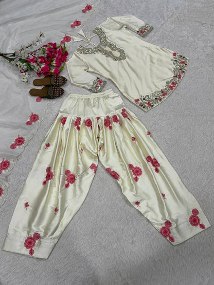 White Silk Floral Embroidery Sharara Suit With Silver Zari Work And Dupatta