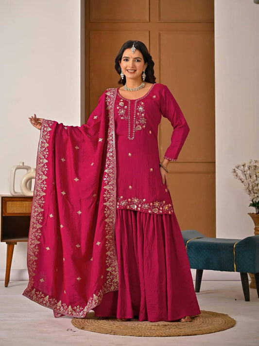 Rani Pink Zari And Sequins Embroidered Sharara Suit Set With Dupatta