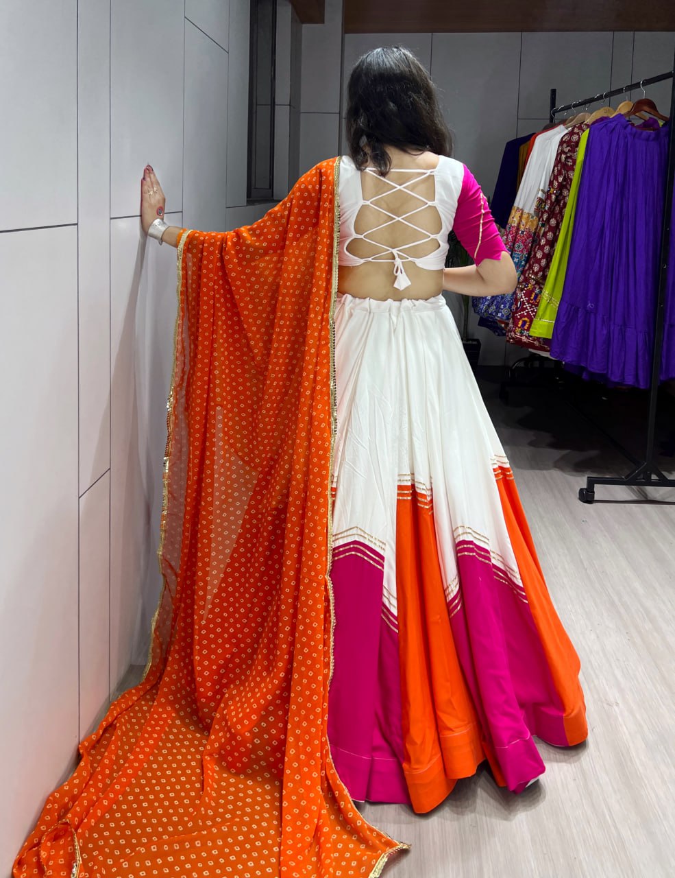 Orange Pink And White Colour Combination Navratri Lehenga Choli With Bandhani Dupatta